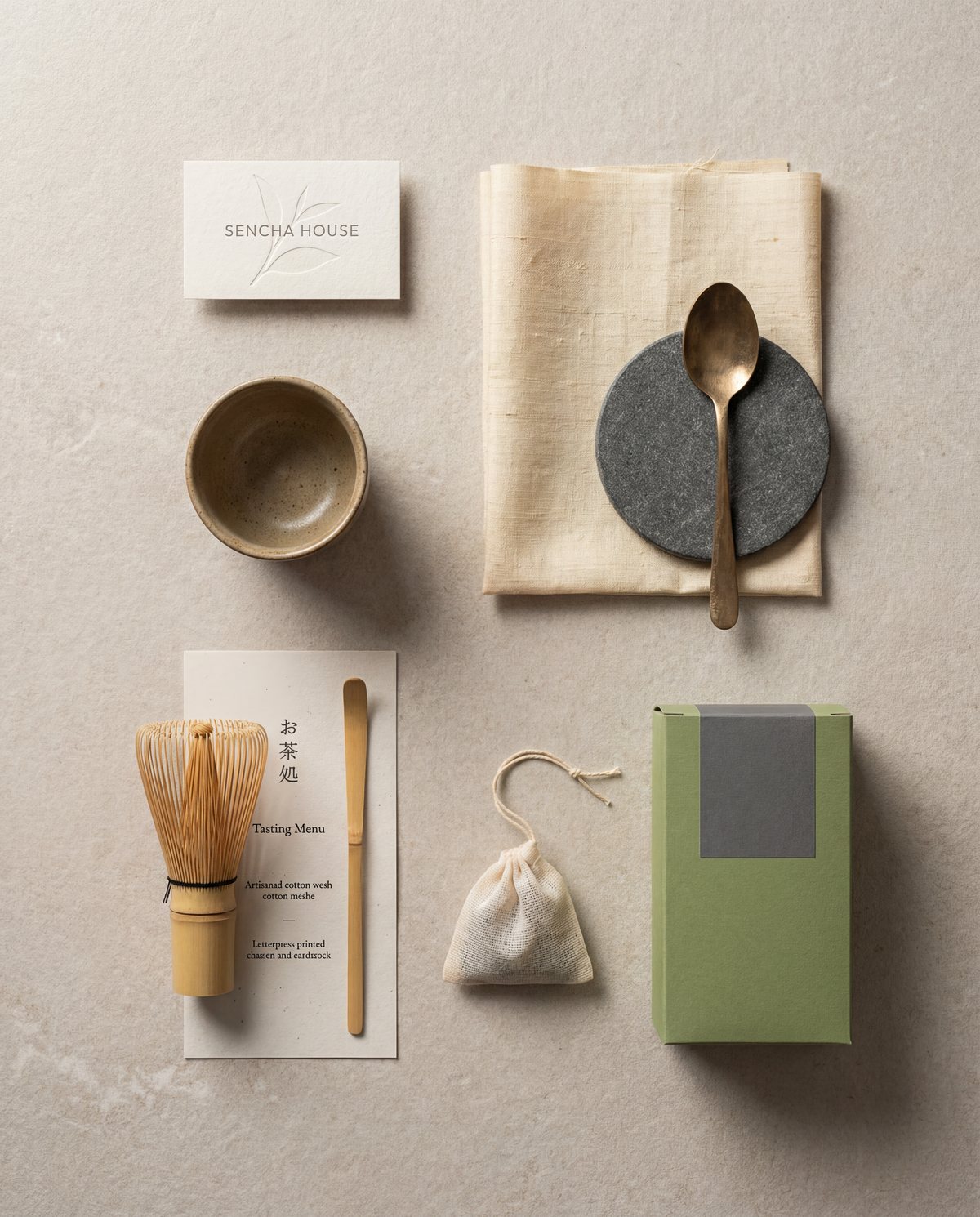 Sencha House embossed stationery detail